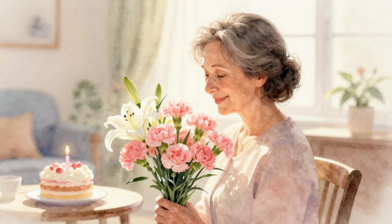 A heartwarming watercolor painting of an older mother smilin...