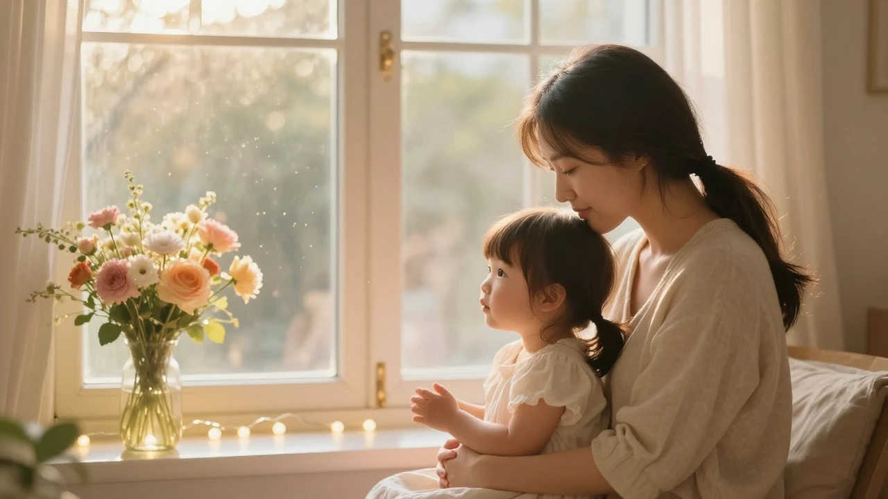 A warm, heartwarming scene in a soft golden hour light. A ge...