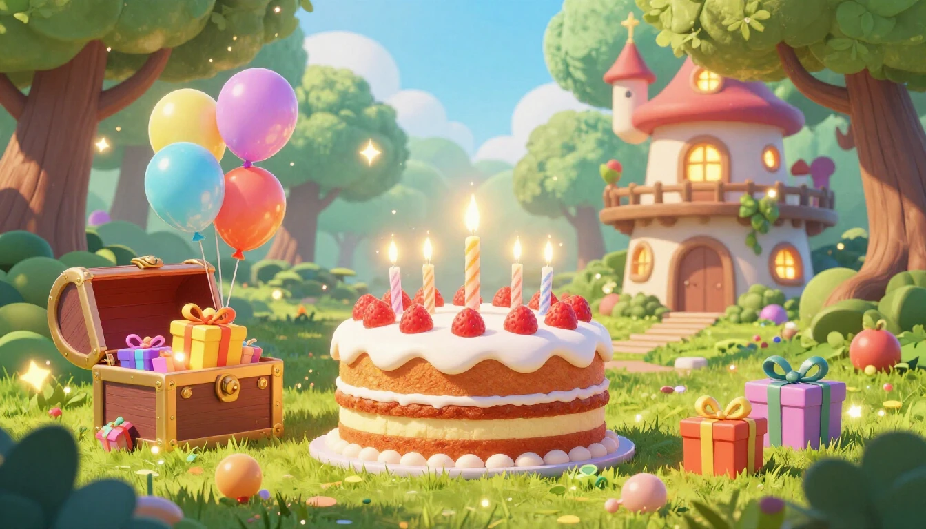 A vibrant and colorful 3D render of a magical birthday party...