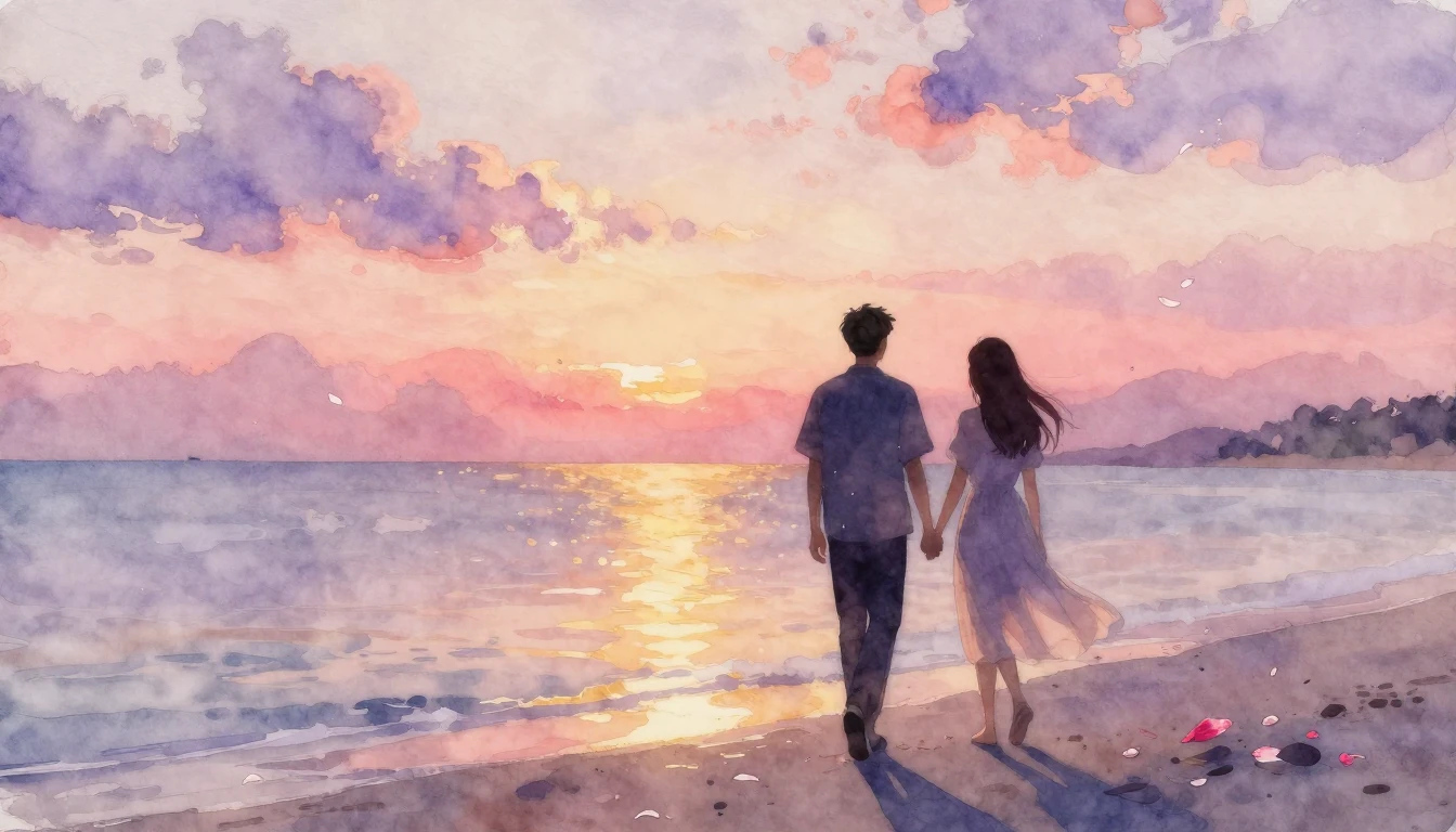A dreamlike watercolor painting of two silhouettes walking h...