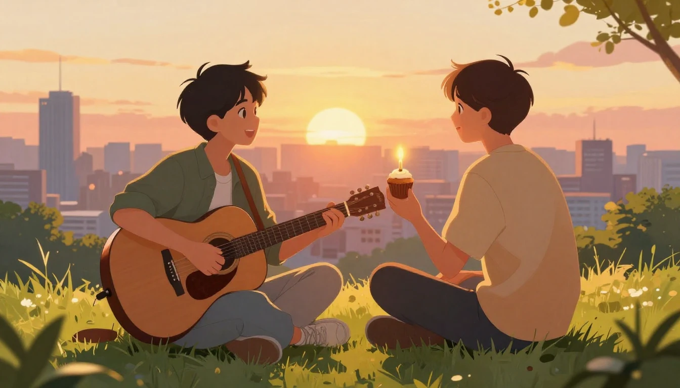 A warm and nostalgic illustration of two friends sitting on ...