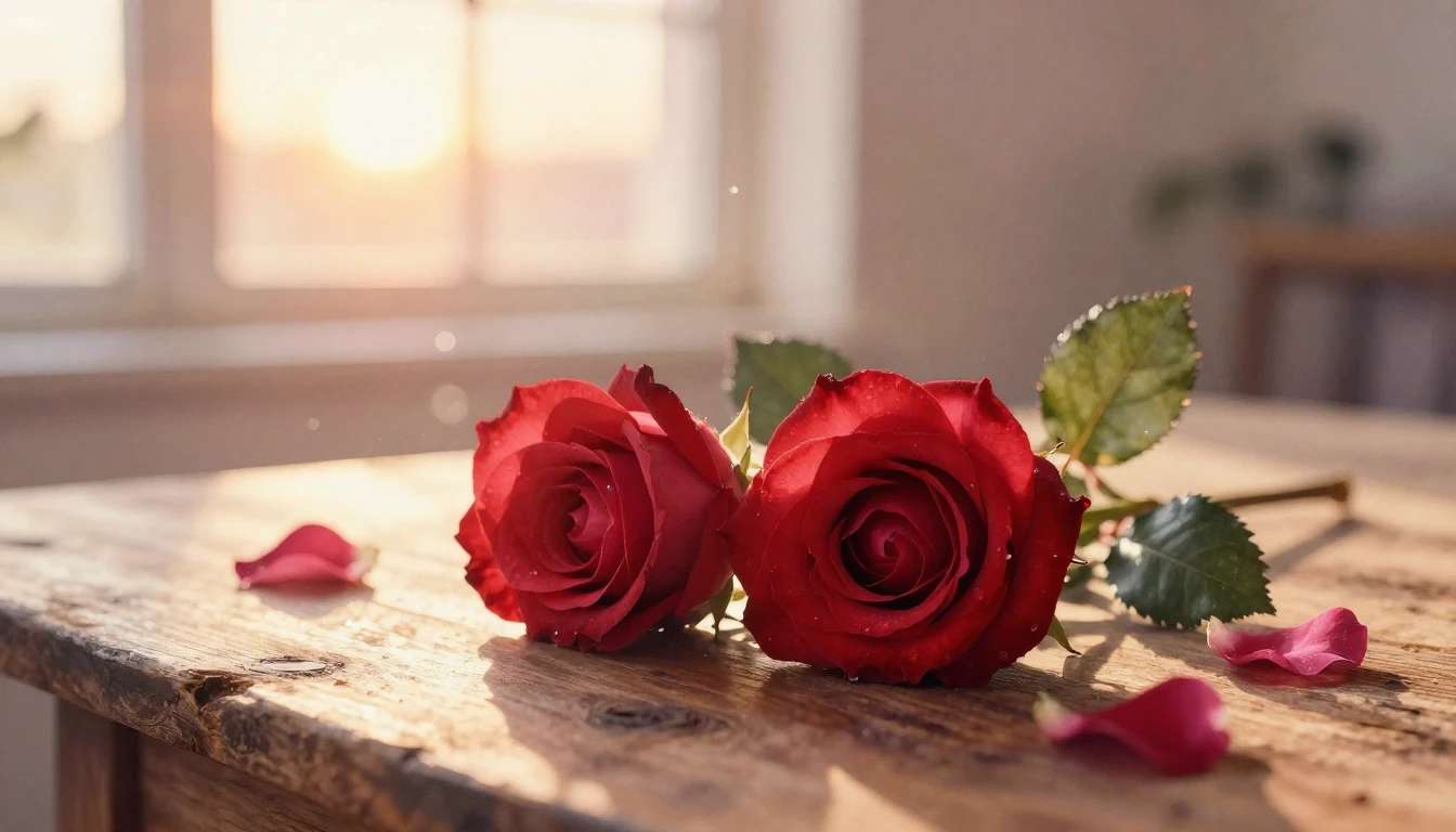 A soft watercolor painting of two elegant red roses intertwi...