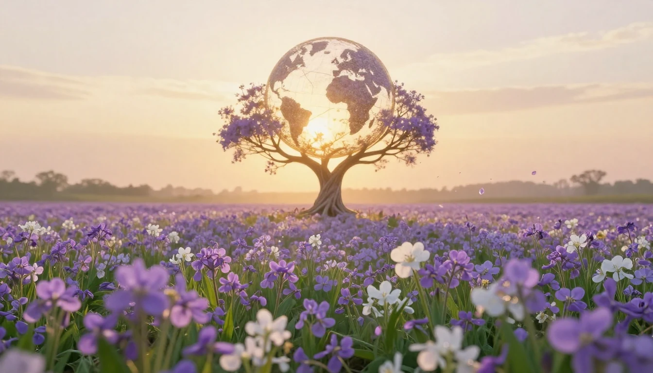 A breathtaking landscape featuring a vast field of blooming ...