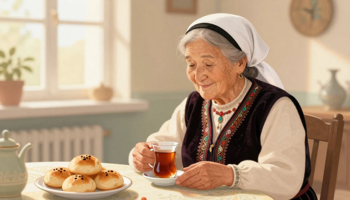 A heartwarming and nostalgic illustration of an elderly Kaza...