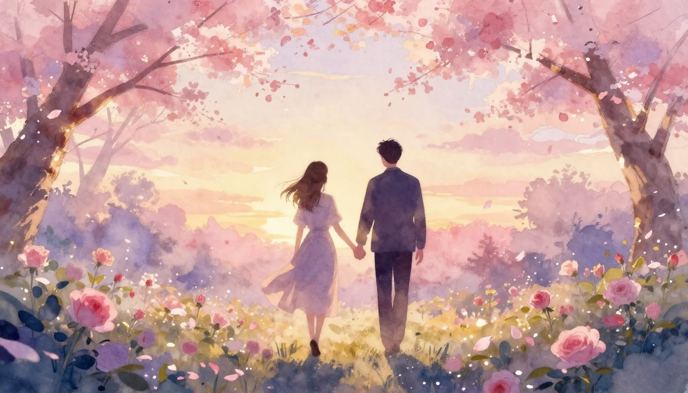 A dreamy watercolor painting of two silhouettes walking hand...