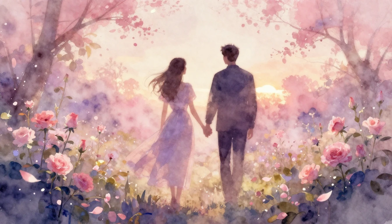 A dreamy and ethereal watercolor painting of two silhouettes...