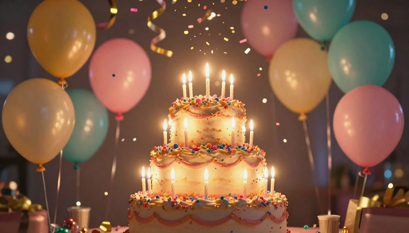 A vibrant and festive scene featuring a large, multi-tiered ...