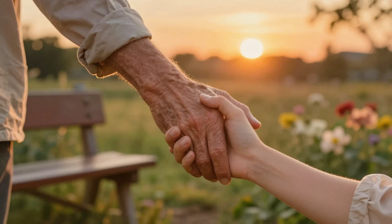 A serene and warm scene depicting an older man's hand gently...