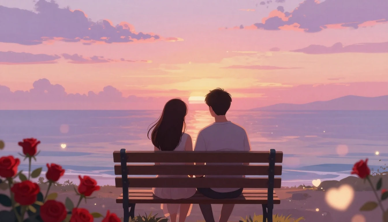 A romantic and dreamy illustration of a couple sitting on a ...