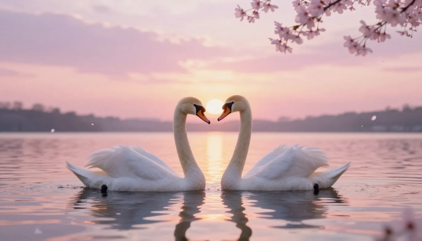 A dreamy and ethereal scene of two elegant swans gliding on ...