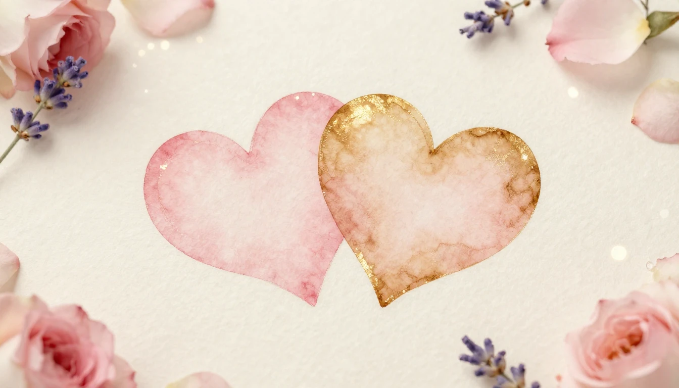 A delicate watercolor painting of two soft pink and gold hea...