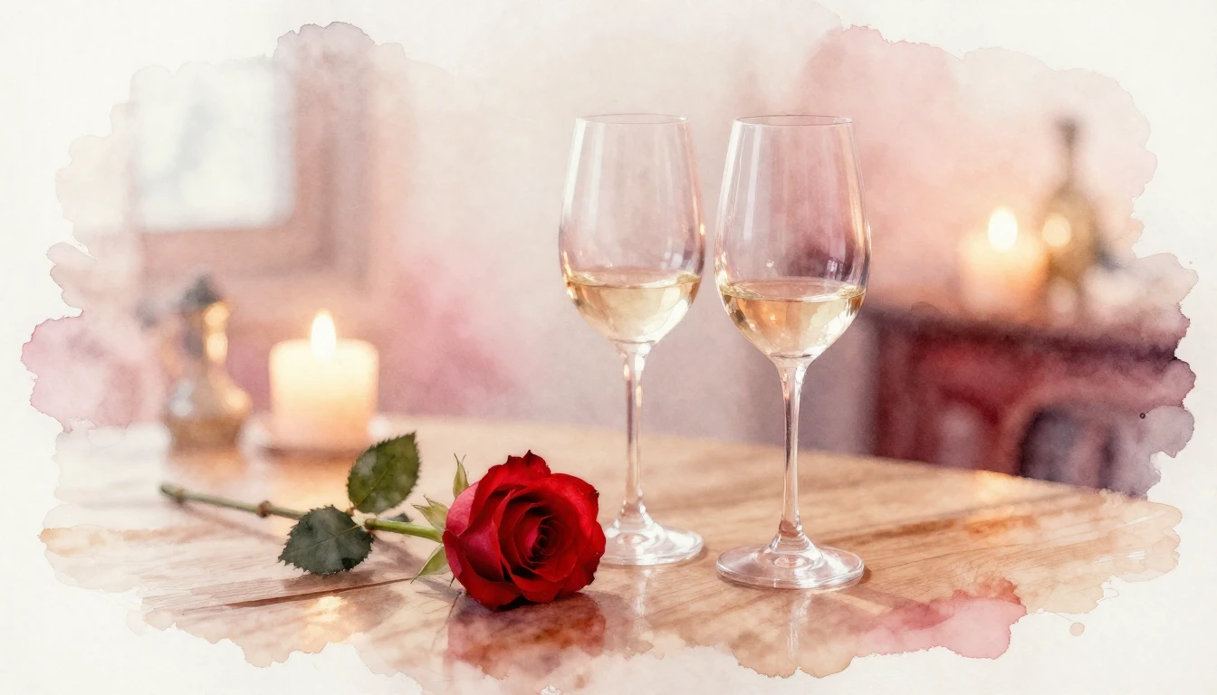 A delicate watercolor painting of two elegant wine glasses s...