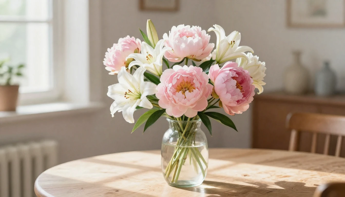 A delicate watercolor painting depicting a soft bouquet of p...