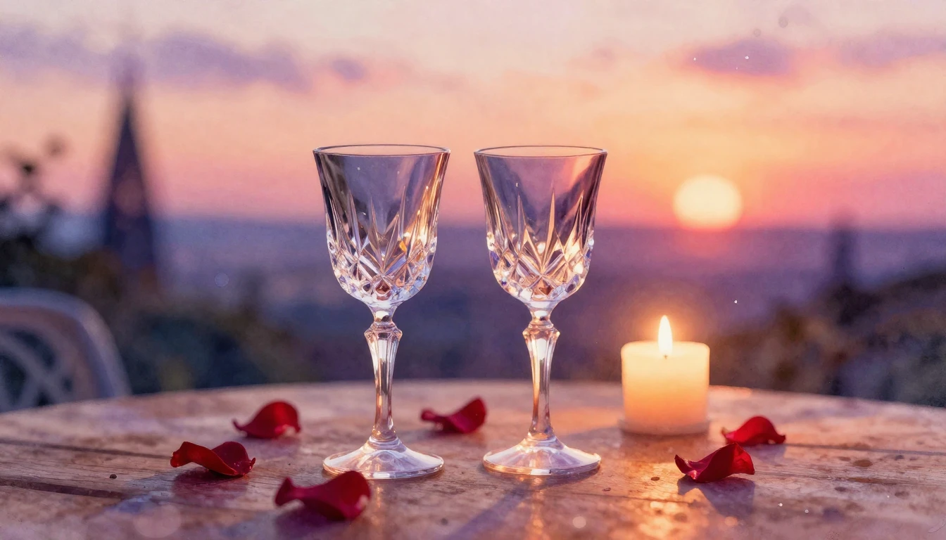 A beautiful watercolor painting of a romantic evening scene....