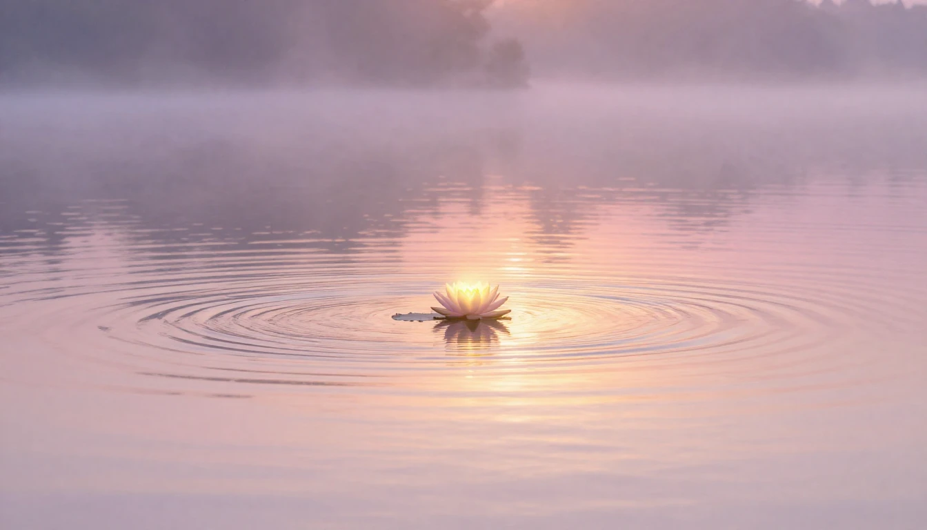 A serene landscape featuring a soft sunrise over a calm lake...