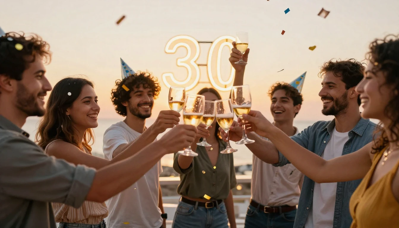 A vibrant and energetic party scene celebrating a 30th birth...