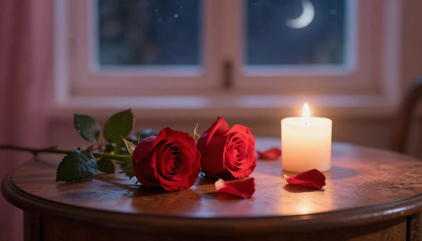 A dreamy and romantic scene featuring two delicate red roses...