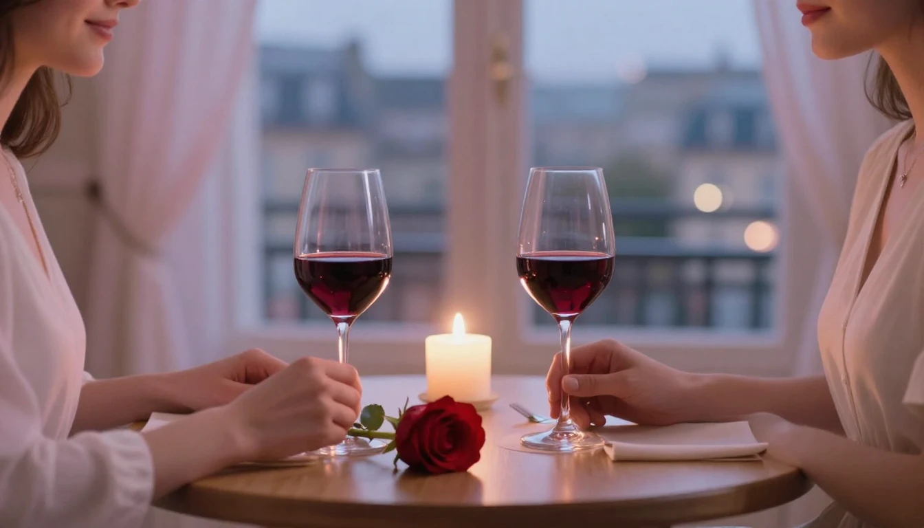 A romantic and intimate dinner setting for two, soft candlel...