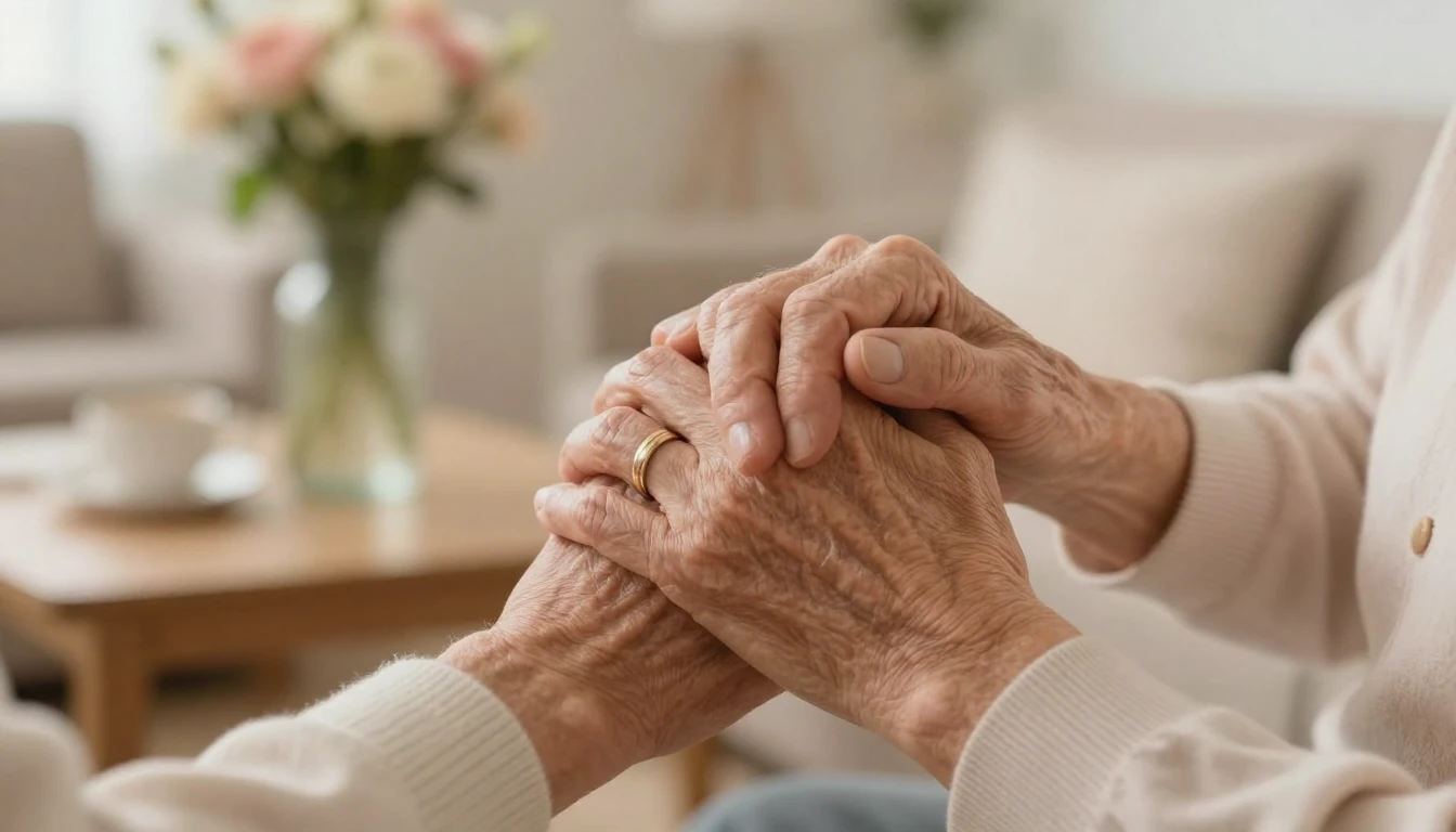 Close-up of an elderly couple holding hands tenderly, wrinkl...