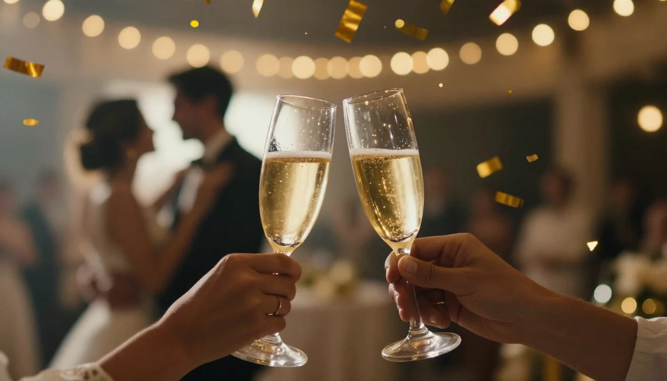 A photorealistic and cinematic close-up shot of two champagn...