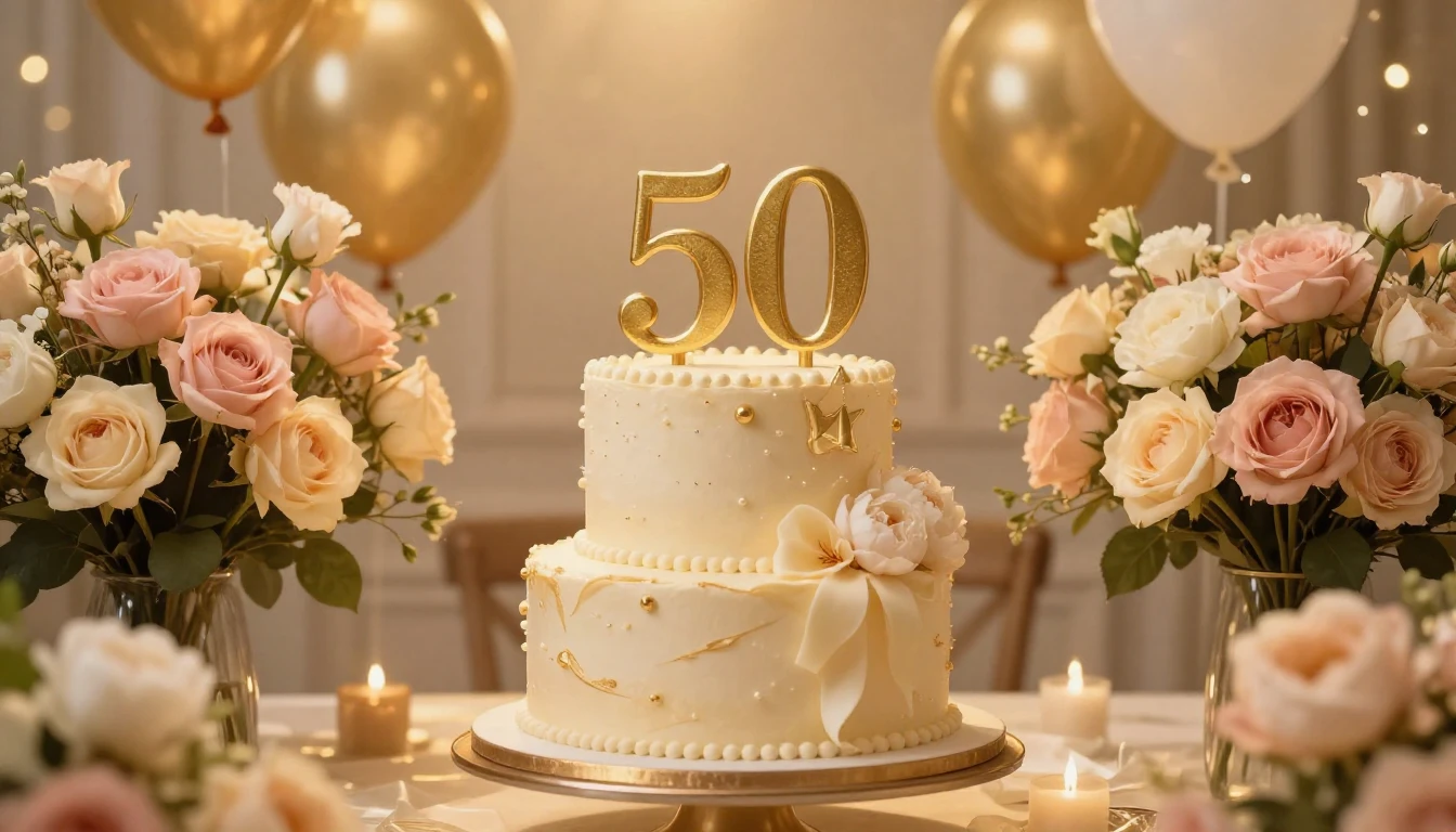 A warm and elegant 50th birthday celebration concept art. Ce...