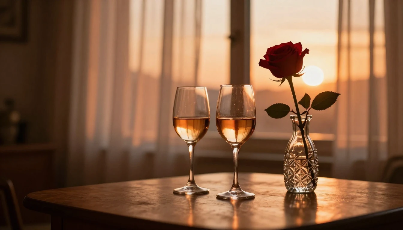 A cozy, dimly lit room during a golden sunset. On a wooden t...