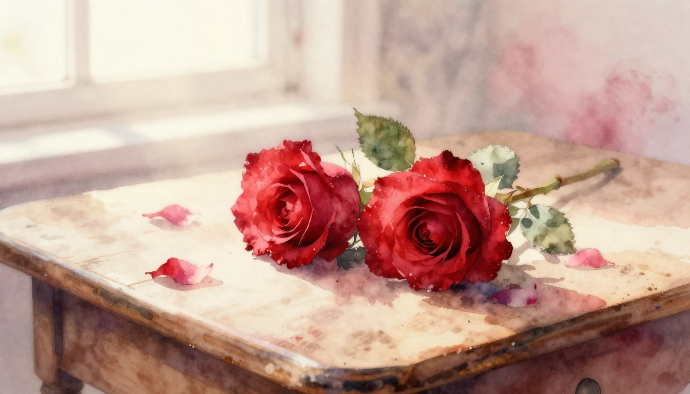 A delicate watercolor painting of two intertwined red roses ...