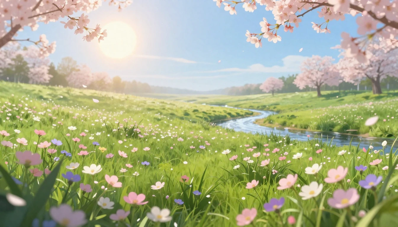 A serene landscape featuring a lush green meadow filled with...