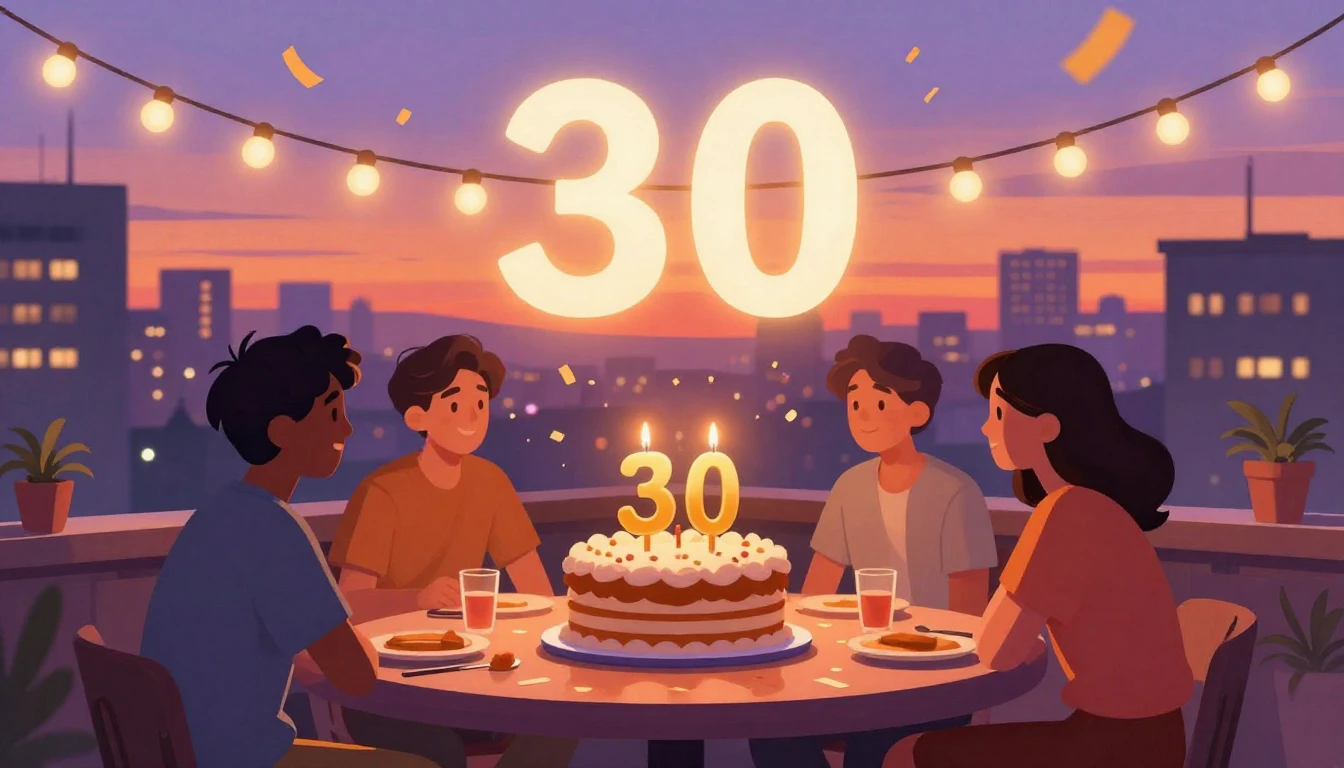 A warm and vibrant digital art illustration for a 30th birth...