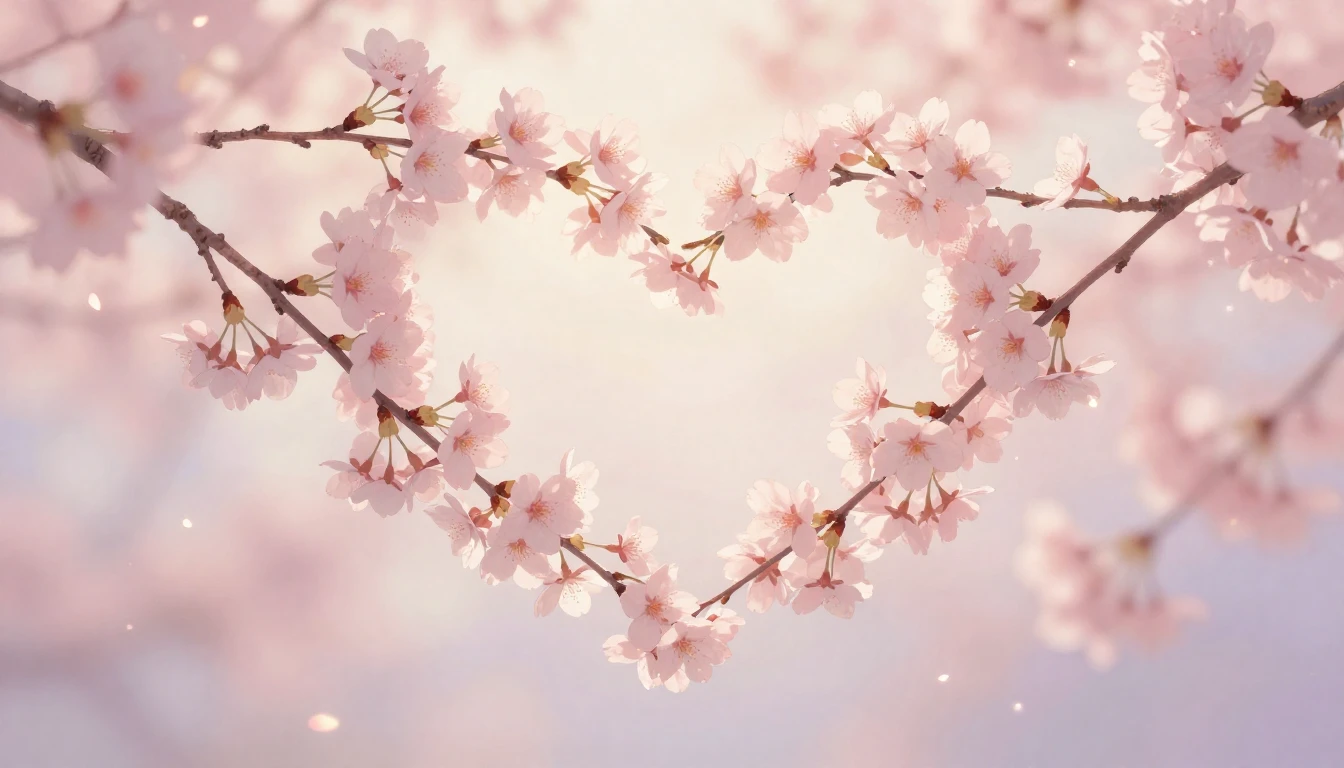 A soft and dreamy scene featuring two delicate cherry blosso...