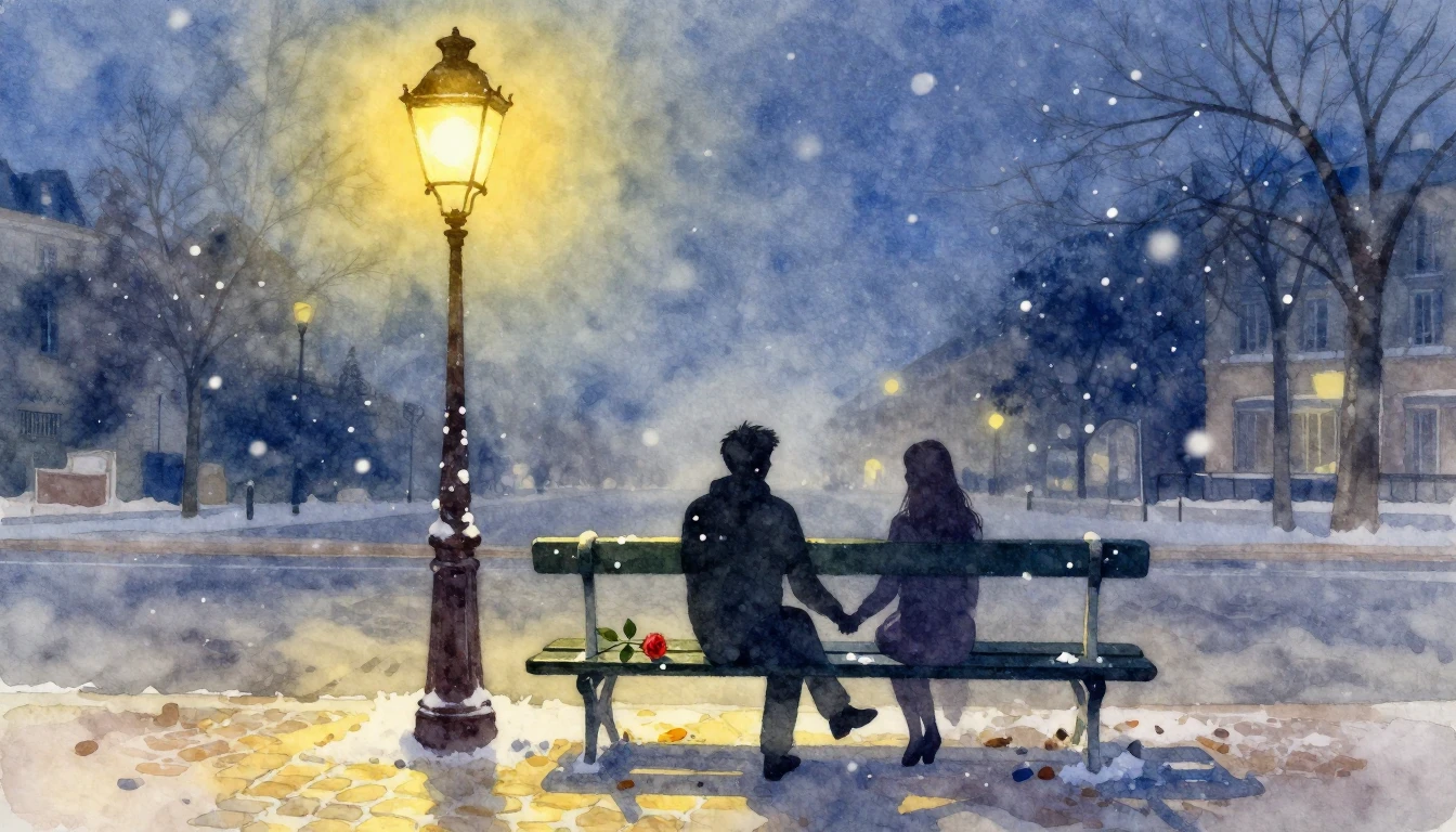 A romantic scene in a Parisian street at night, watercolor s...