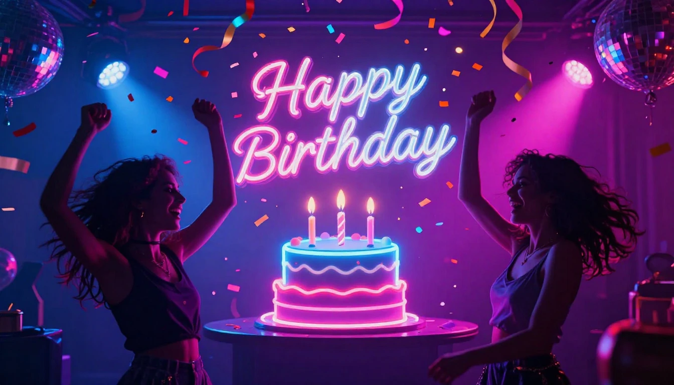 A vibrant and energetic party scene celebrating a birthday, ...
