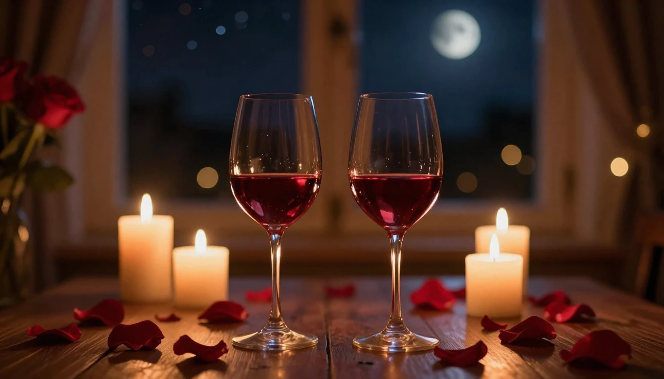 A breathtakingly romantic scene featuring two elegant wine g...