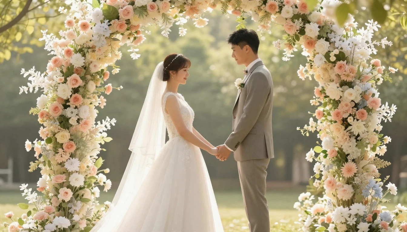 A beautiful and romantic scene of a newlywed couple holding ...