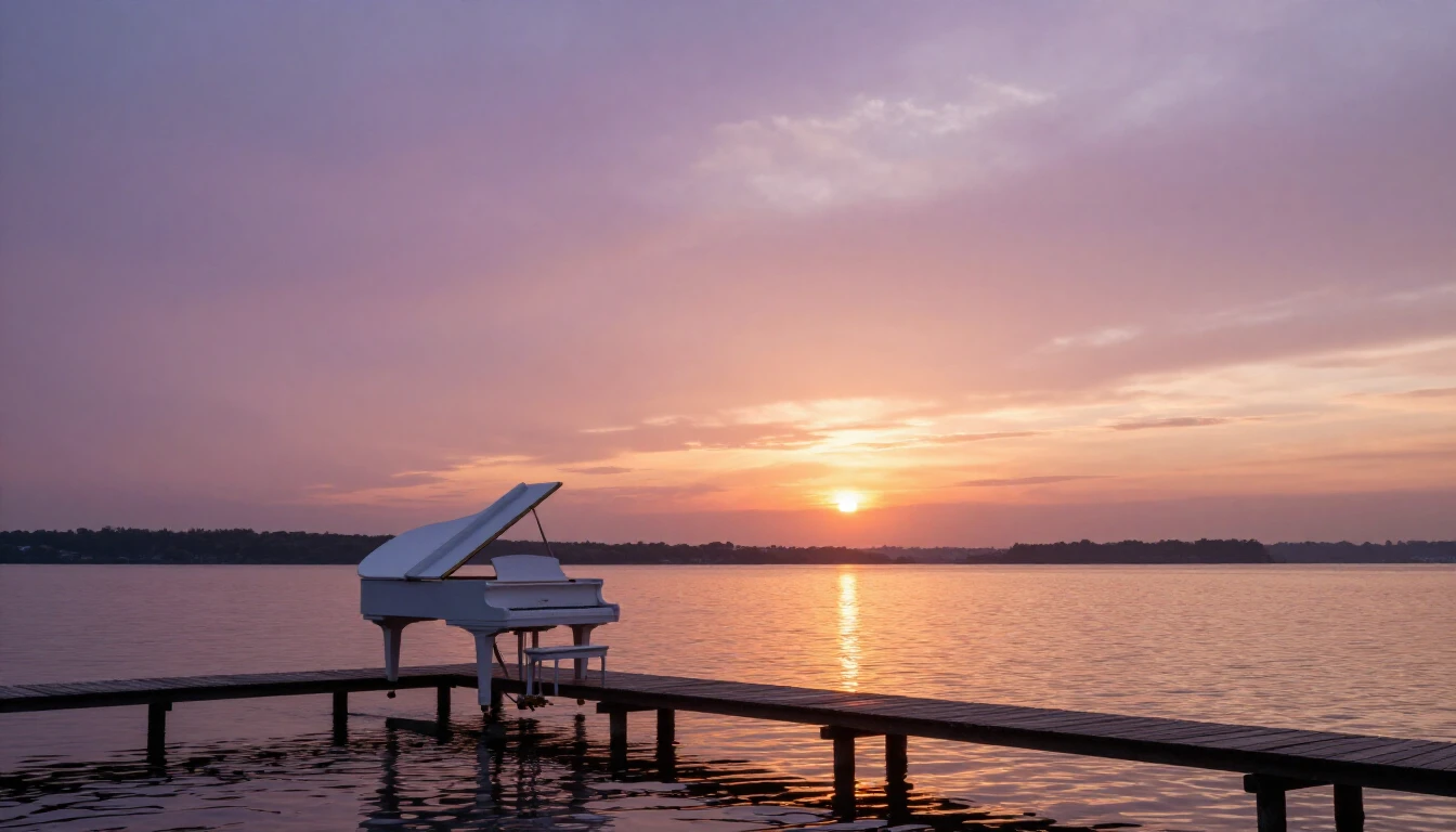 A breathtaking sunset over a calm lake, where the sky is pai...