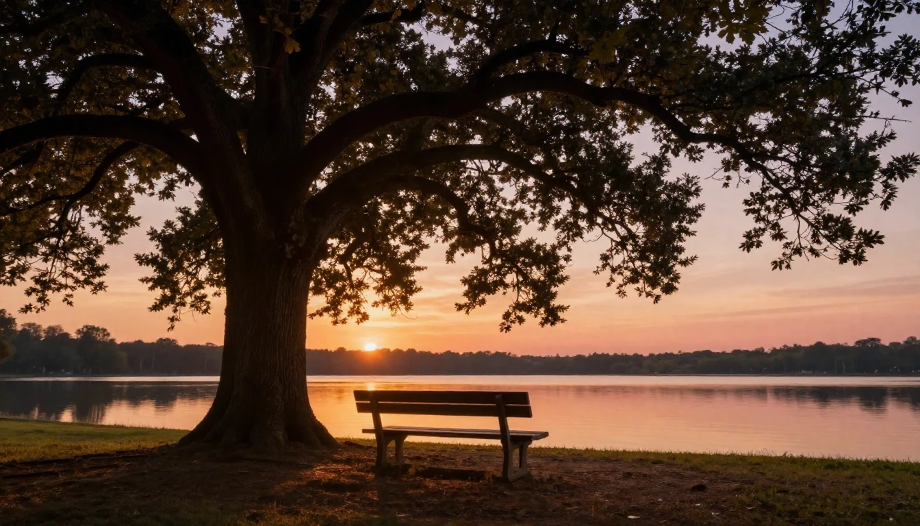 A serene and warm scene depicting an empty wooden bench unde...