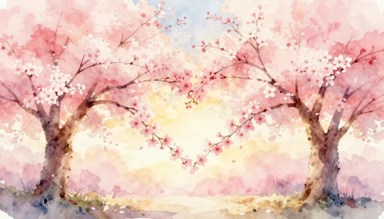 A soft watercolor painting of two delicate cherry blossom tr...
