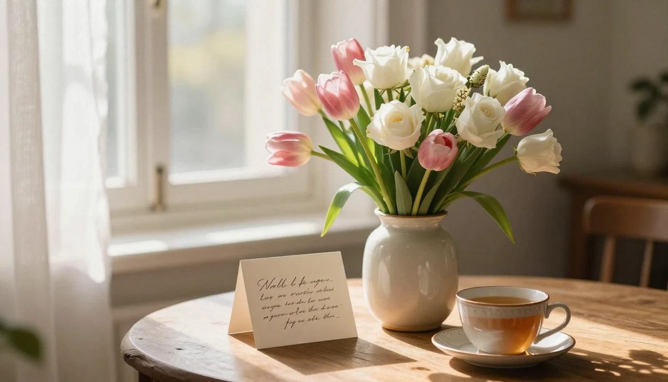 A warm and cozy scene featuring a beautiful bouquet of sprin...