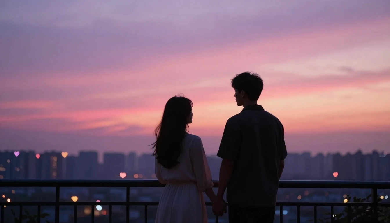 A romantic scene featuring a silhouette of a couple holding ...