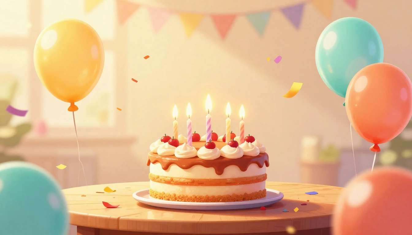 A vibrant digital art illustration of a birthday celebration...