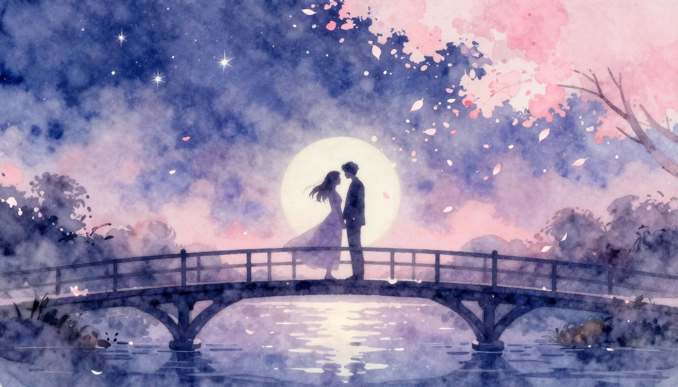 A beautiful and soft watercolor painting depicting two silho...