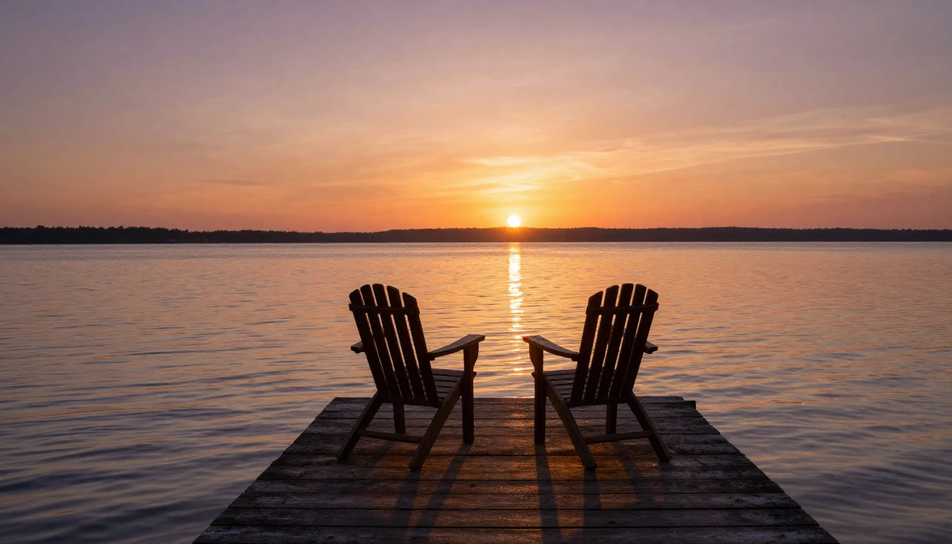 A wide-angle cinematic shot capturing a serene sunset over a...