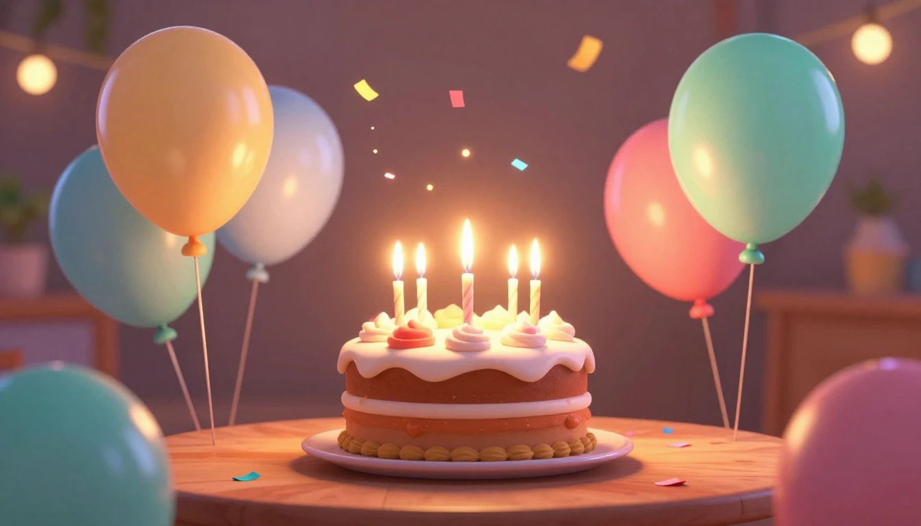 A warm and joyful 3D animated style scene celebrating a birt...