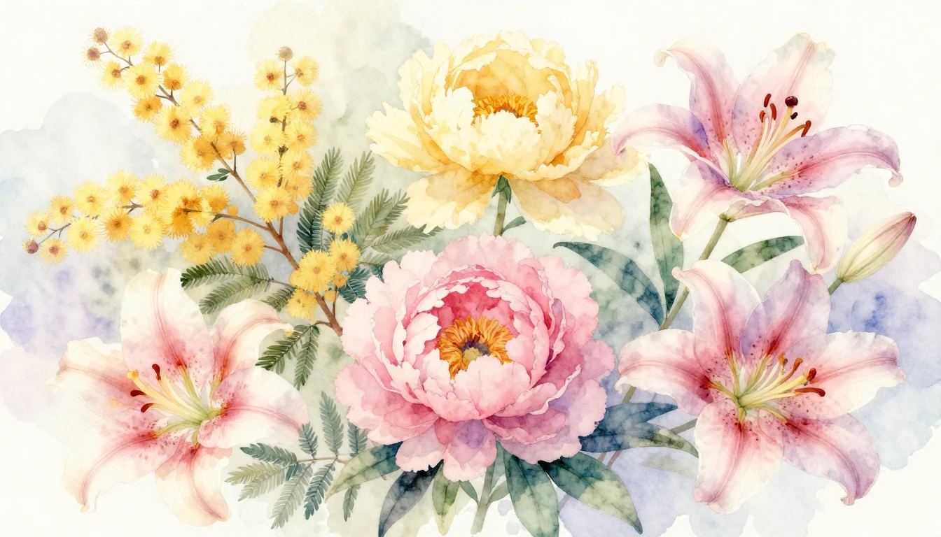 A beautiful and delicate watercolor painting of various bloo...