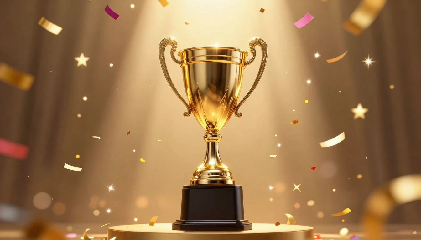 A vibrant and joyful scene of a golden trophy shining bright...