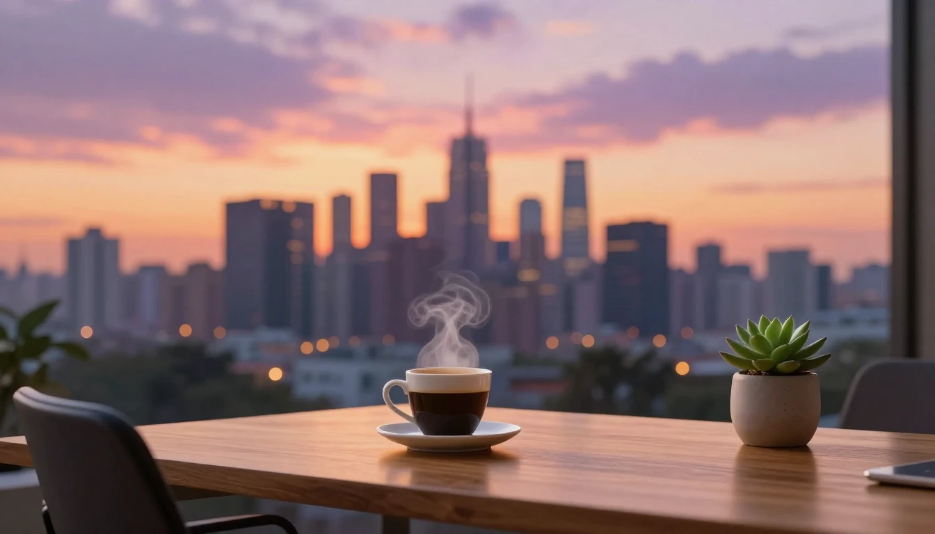 A serene modern workspace overlooking a vibrant city skyline...