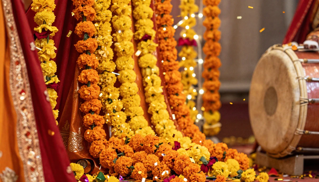 A vibrant and festive South Asian wedding celebration scene,...