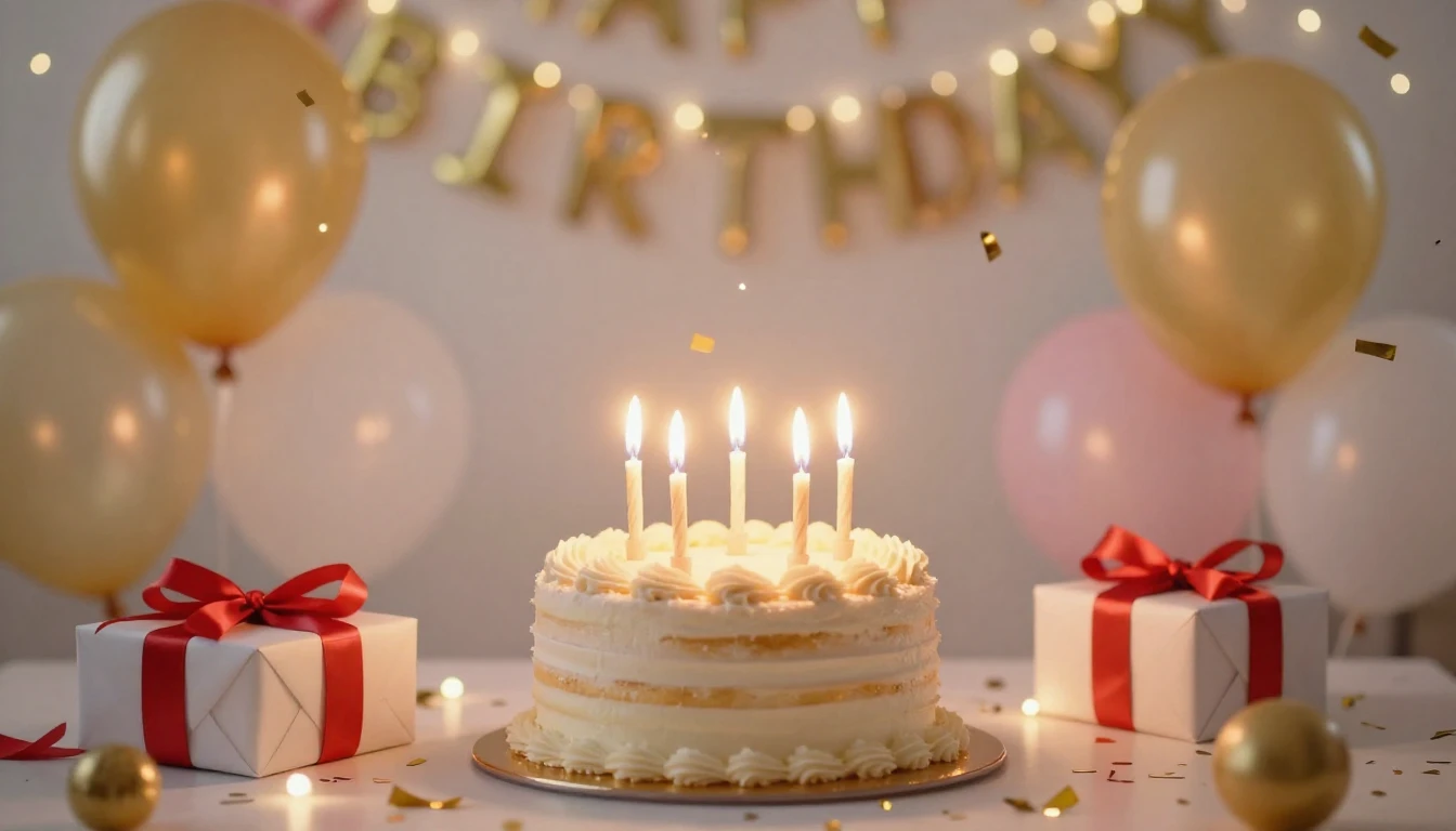 A vibrant and romantic birthday celebration scene. In the ce...