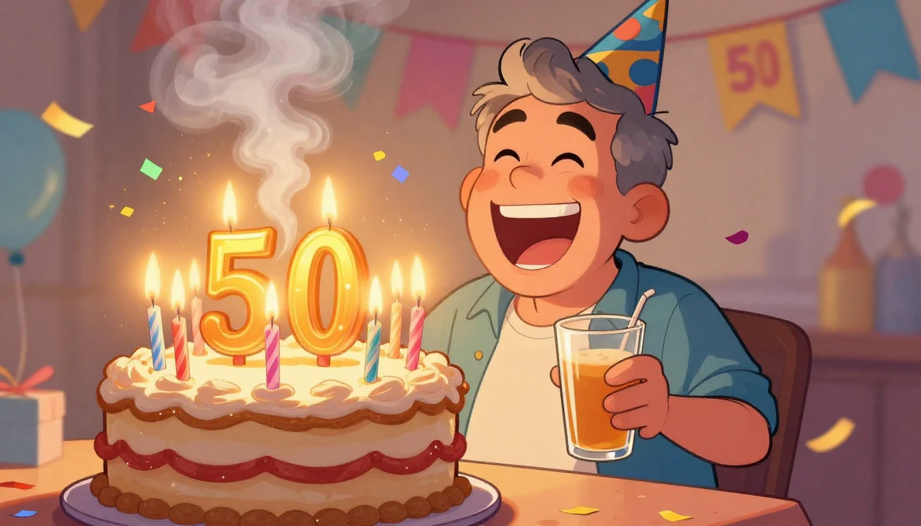 A humorous cartoon illustration of a lively 50th birthday pa...