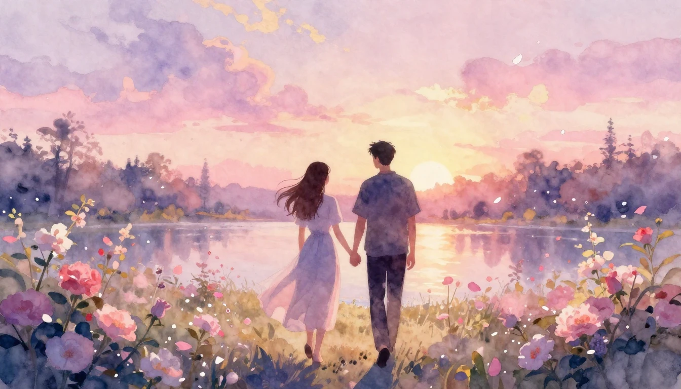 A beautiful watercolor painting of two silhouettes walking h...